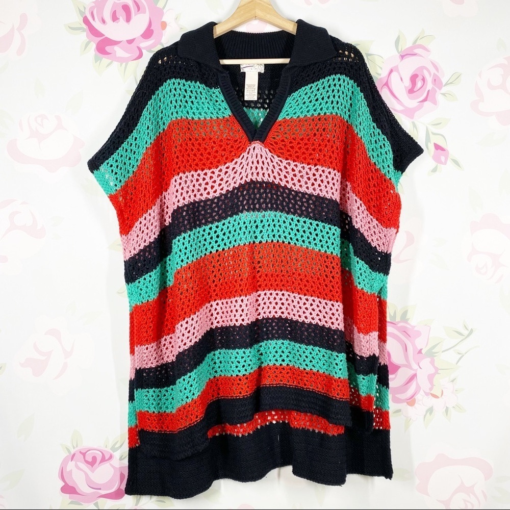 NEW Free People Bayside Stripe Black Combo Crochet Knit Summer Knit Poncho OS